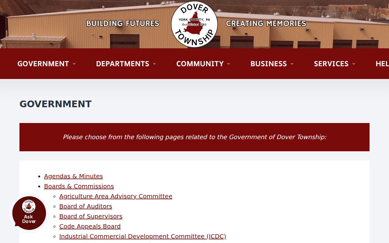 Dover Township neighbors civic records through the Township government page