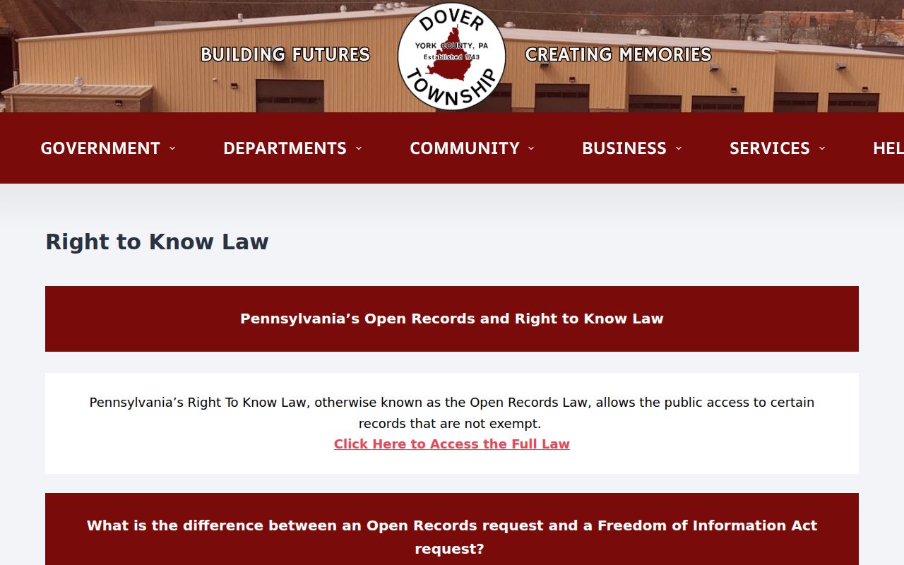 Dover Township residents directory Right-to-Know request instructions