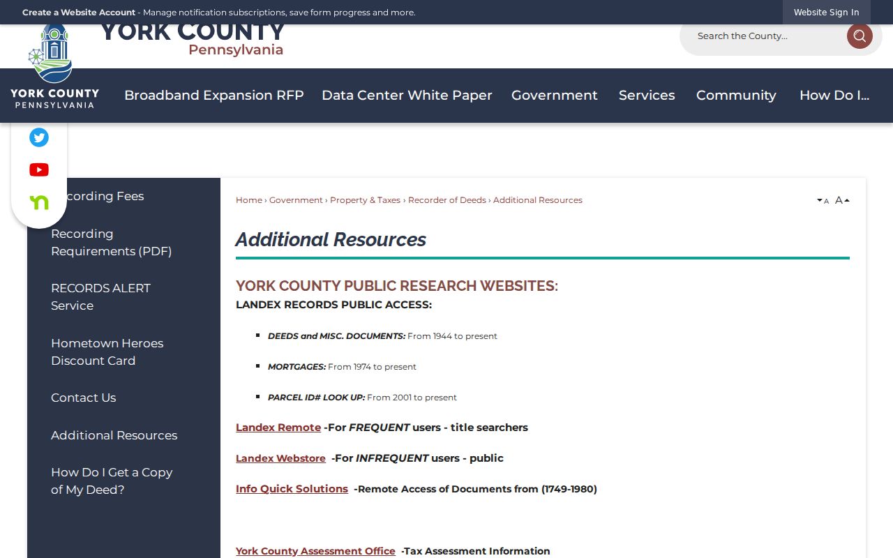 Dover Township residents directory York County deed index research options